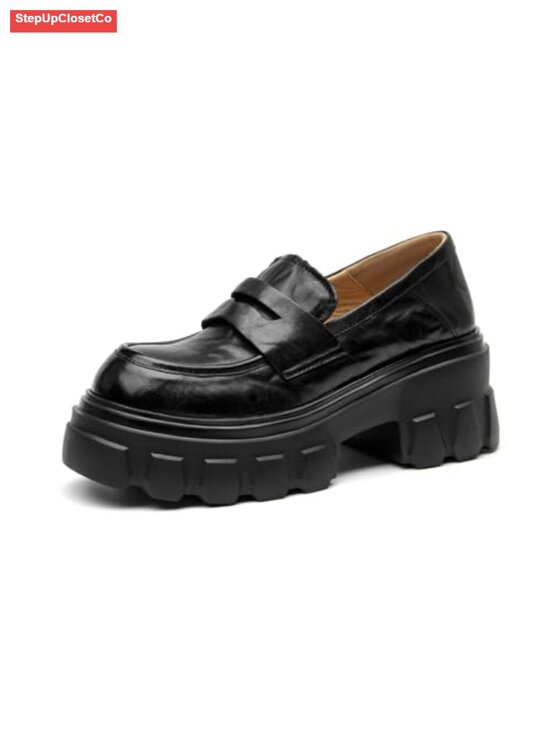 Shoes - Women's 100% Cowhide Leather Platform Loafers Chunky Lug Sole